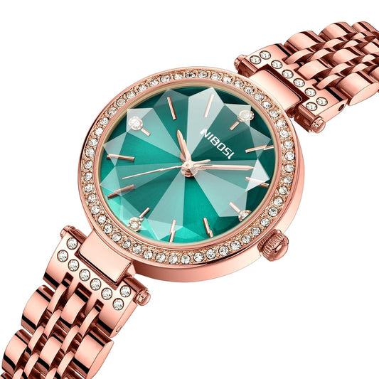 Nibella Women’s Stainless Steel Analog Watch with Rose Gold Square Dial, Diamond Studded & Waterproof