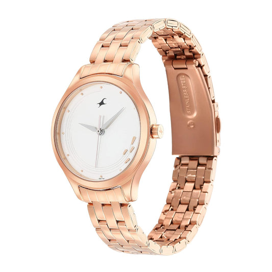 Fyntrack Stunners Quartz Analog White Dial Stainless Steel Rose Gold Strap Watch for Girls