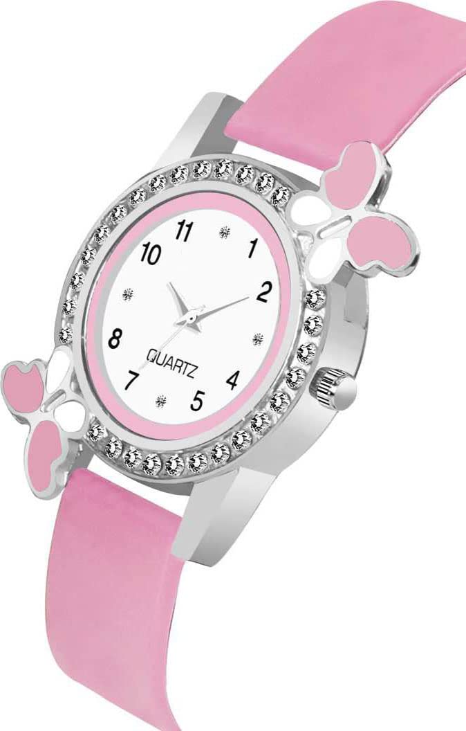 Averis® Premium White Dial Diamond Pink Analog Watch with Love Heart & Butterfly Bracelet Combo 3-Pack