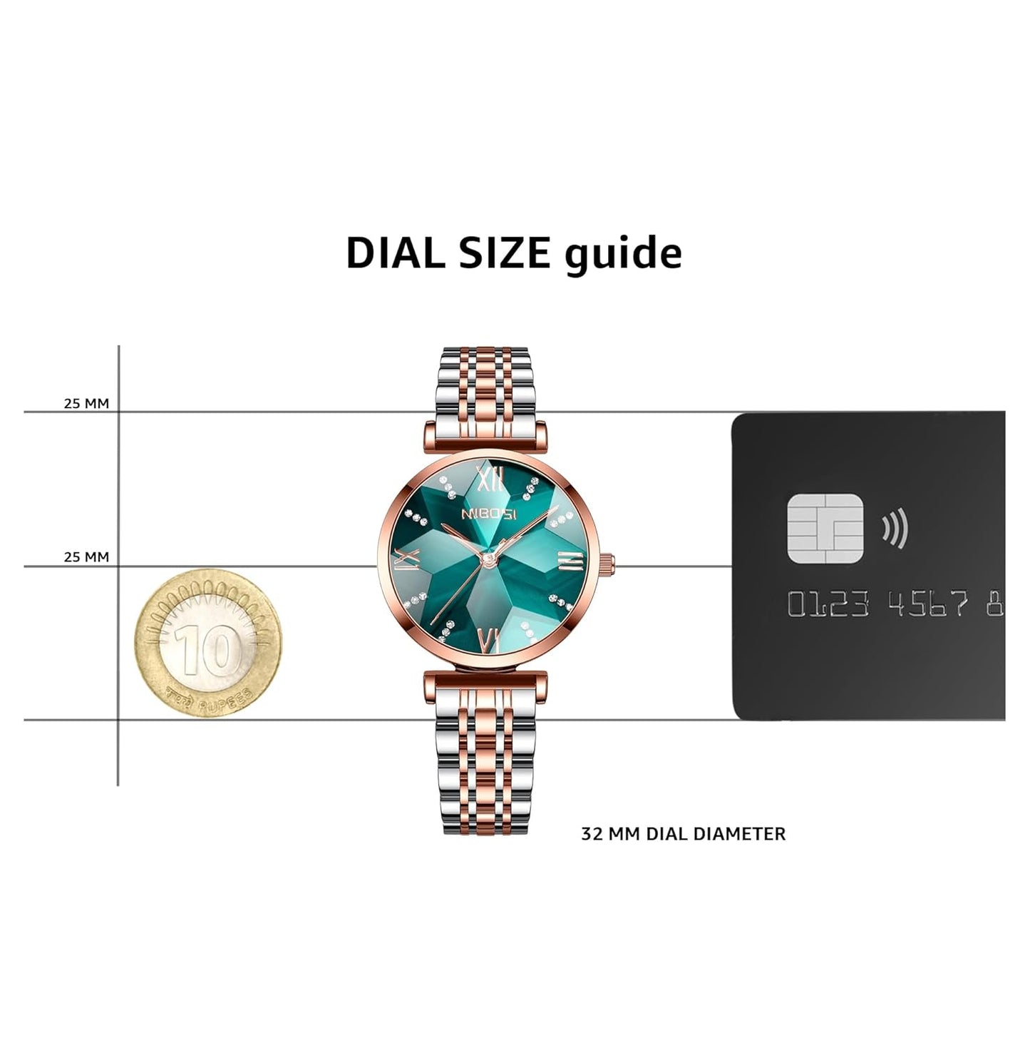 Nibella Women’s Stainless Steel Analog Watch with Rose Gold Square Dial, Diamond Accents & Waterproof