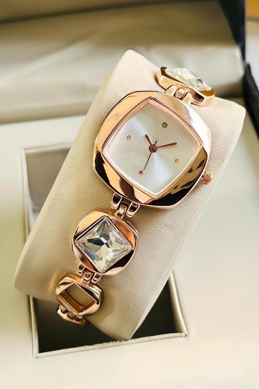 Beaksutch Luxury Square Dial Quartz Analogue Watch with Stone Studded Bracelet Strap for Women & Girls