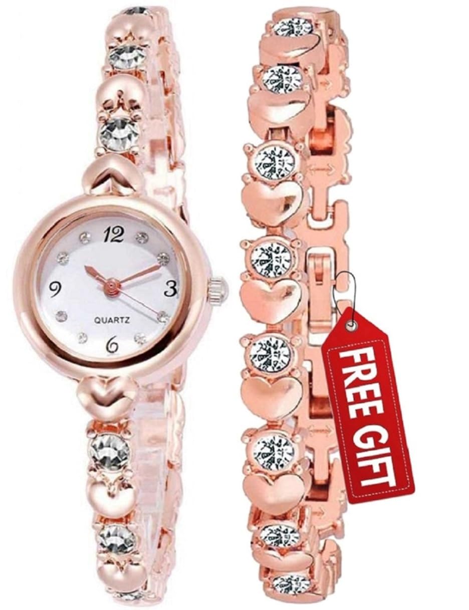 Aurelia® Premium Girls' Heart-Shaped Bangle Analog Watch with Rose Gold Bracelet - Set of 2