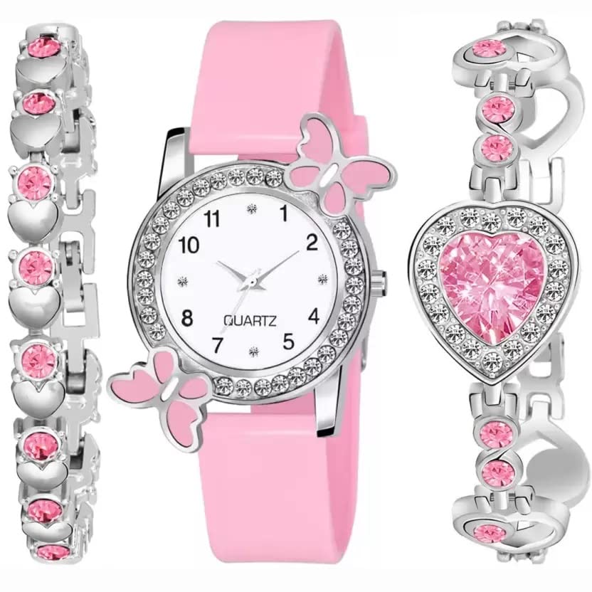 Averis® Premium White Dial Diamond Pink Analog Watch with Love Heart & Butterfly Bracelet Combo 3-Pack