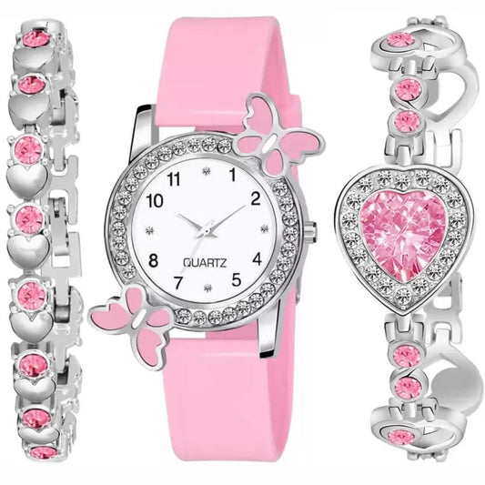Averis® Premium White Dial Diamond Pink Analog Watch with Love Heart & Butterfly Bracelet Combo 3-Pack