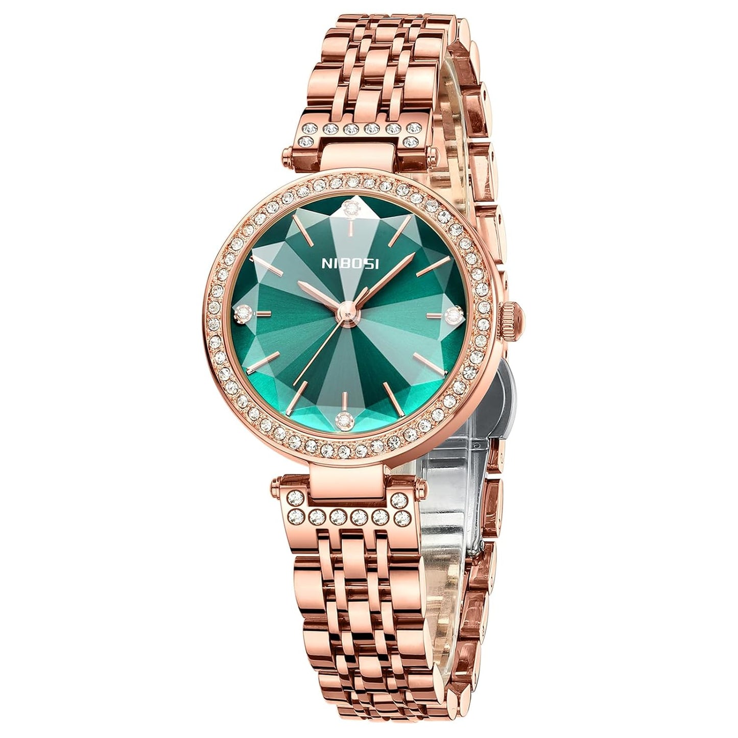 Nibella Women’s Stainless Steel Analog Watch with Rose Gold Square Dial, Diamond Studded & Waterproof
