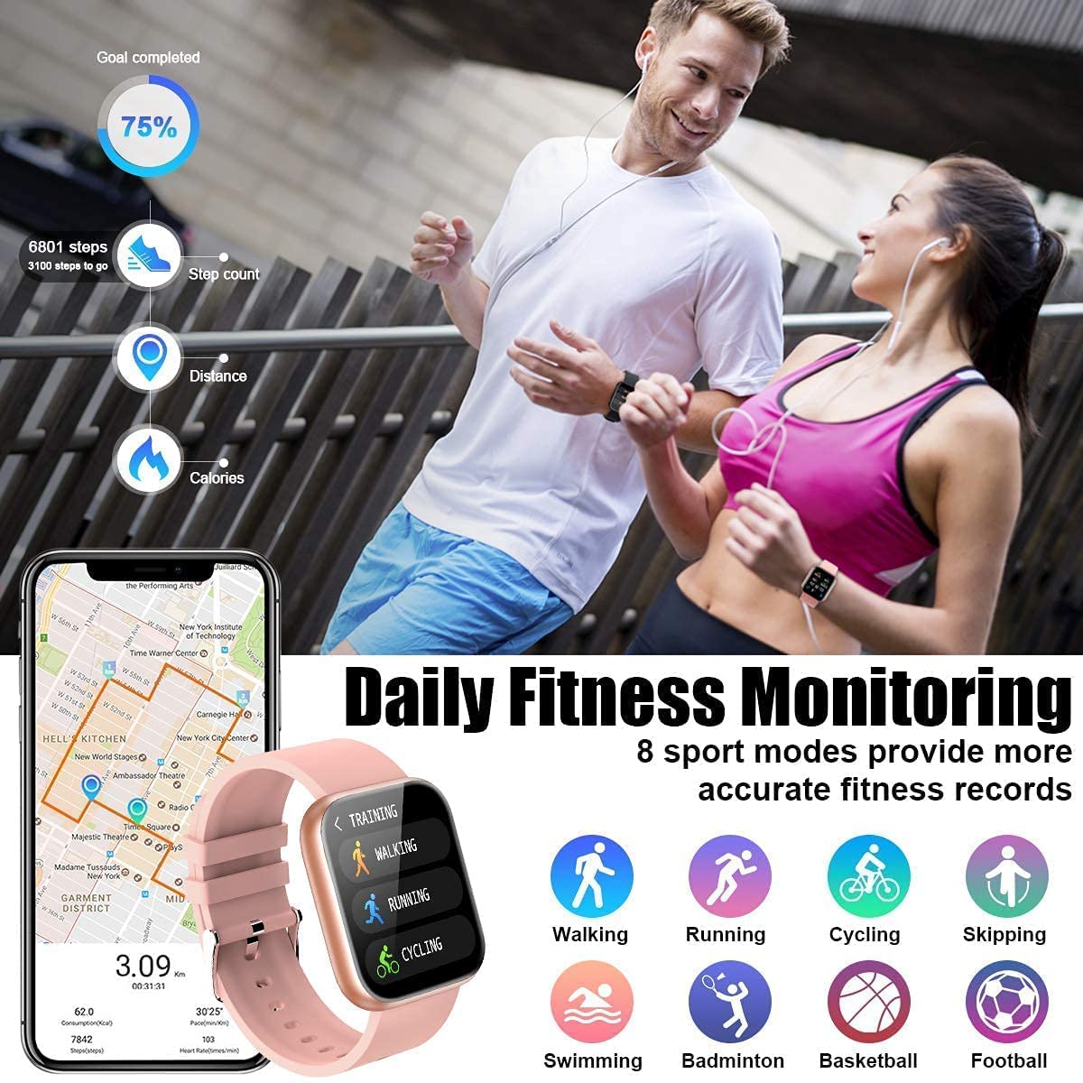 MAVRIC Smart Watch for Kids, Men & Women D20 Plus 2025, Android/iOS, IP68 Waterproof, Heart Rate & Sleep Tracker - Pink