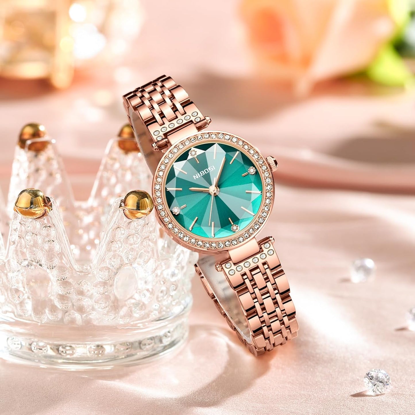 Nibella Women’s Stainless Steel Analog Watch with Rose Gold Square Dial, Diamond Studded & Waterproof