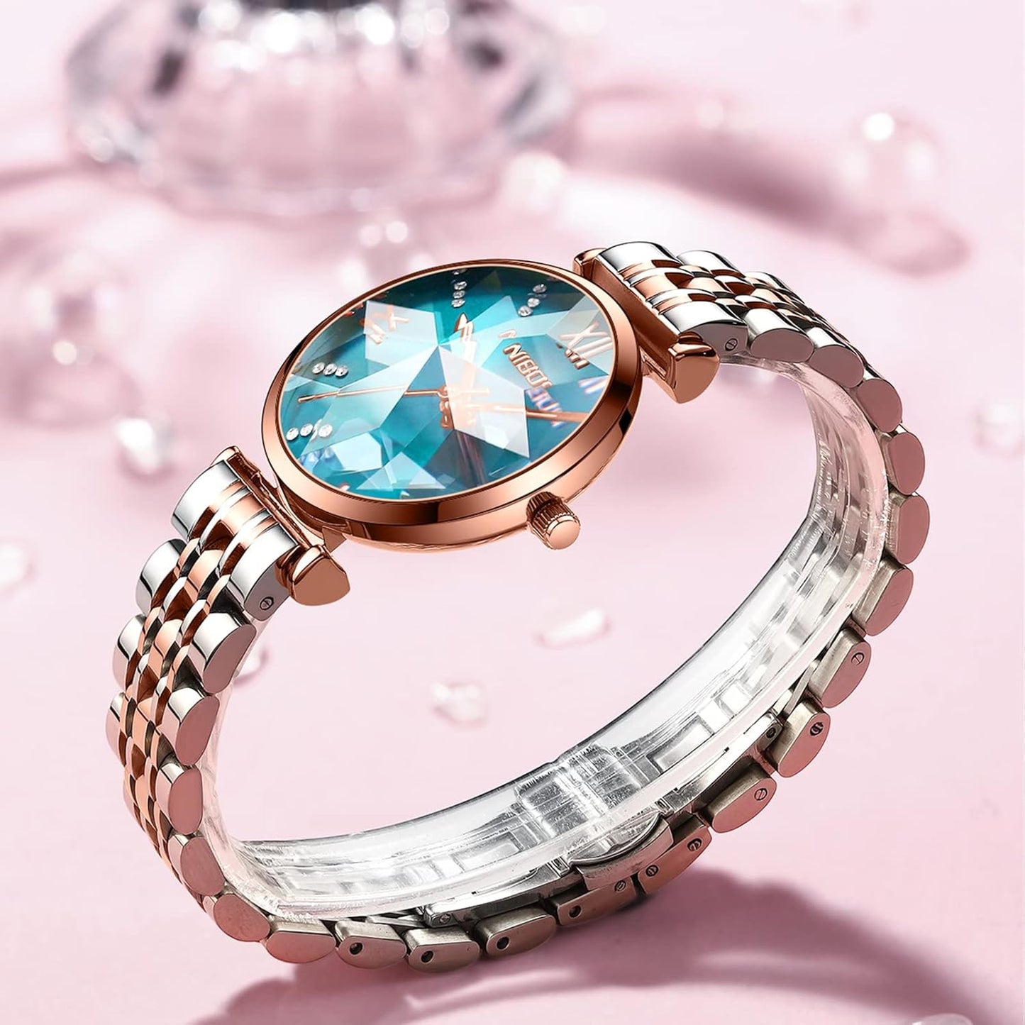 Nibella Women’s Stainless Steel Analog Watch with Rose Gold Square Dial, Diamond Accents & Waterproof