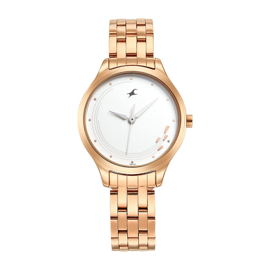 Fyntrack Stunners Quartz Analog White Dial Stainless Steel Rose Gold Strap Watch for Girls