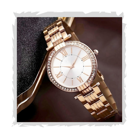 Stylevia Women’s Luxury Analog Watch with Blue Dial, Roman Markers, Diamond Round Case & Rose Gold Strap