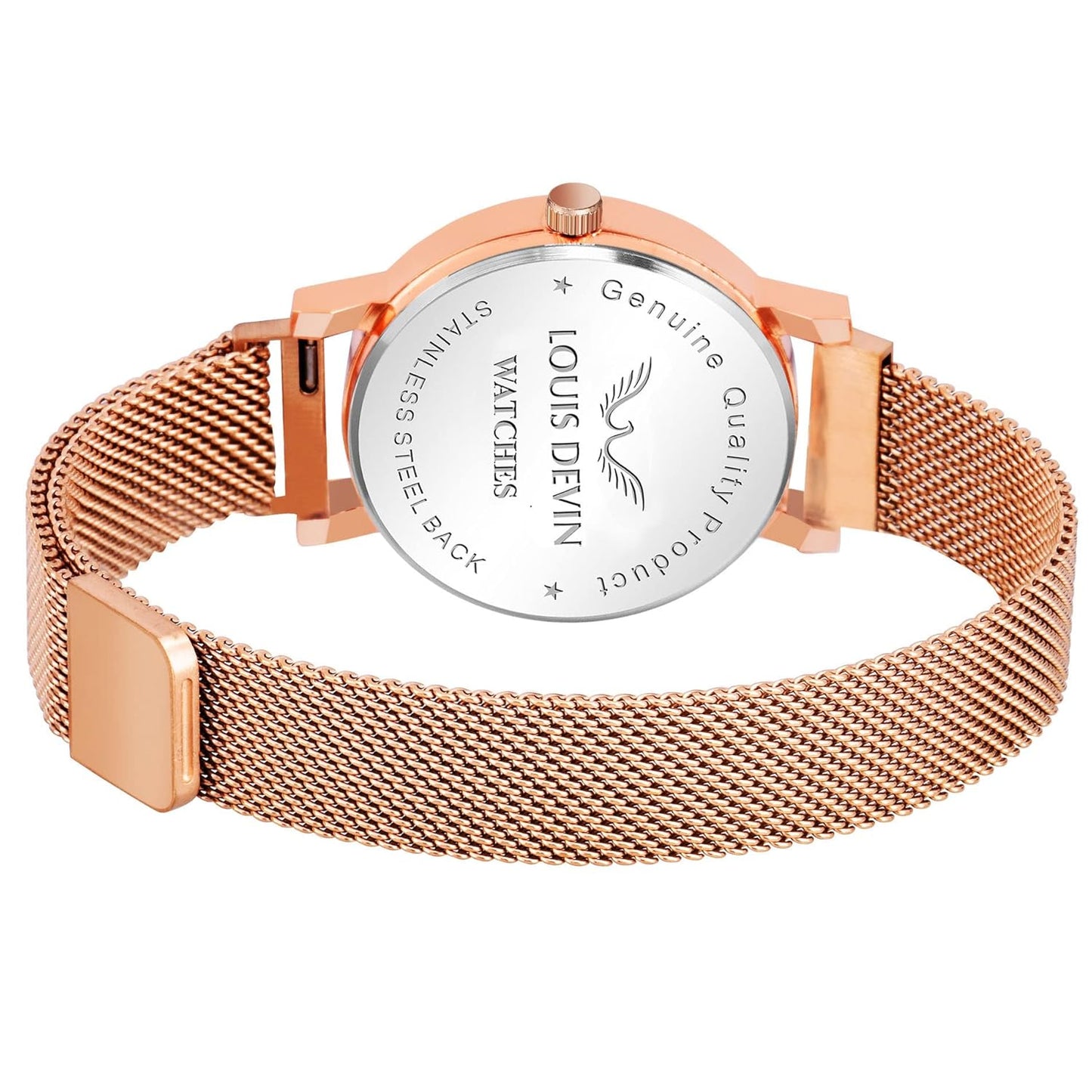 LUXEN DORVIE Rose Gold Plated Mesh Chain Analog Women's Wrist Watch (Black/Blue/Rose Gold Dial) | RG162